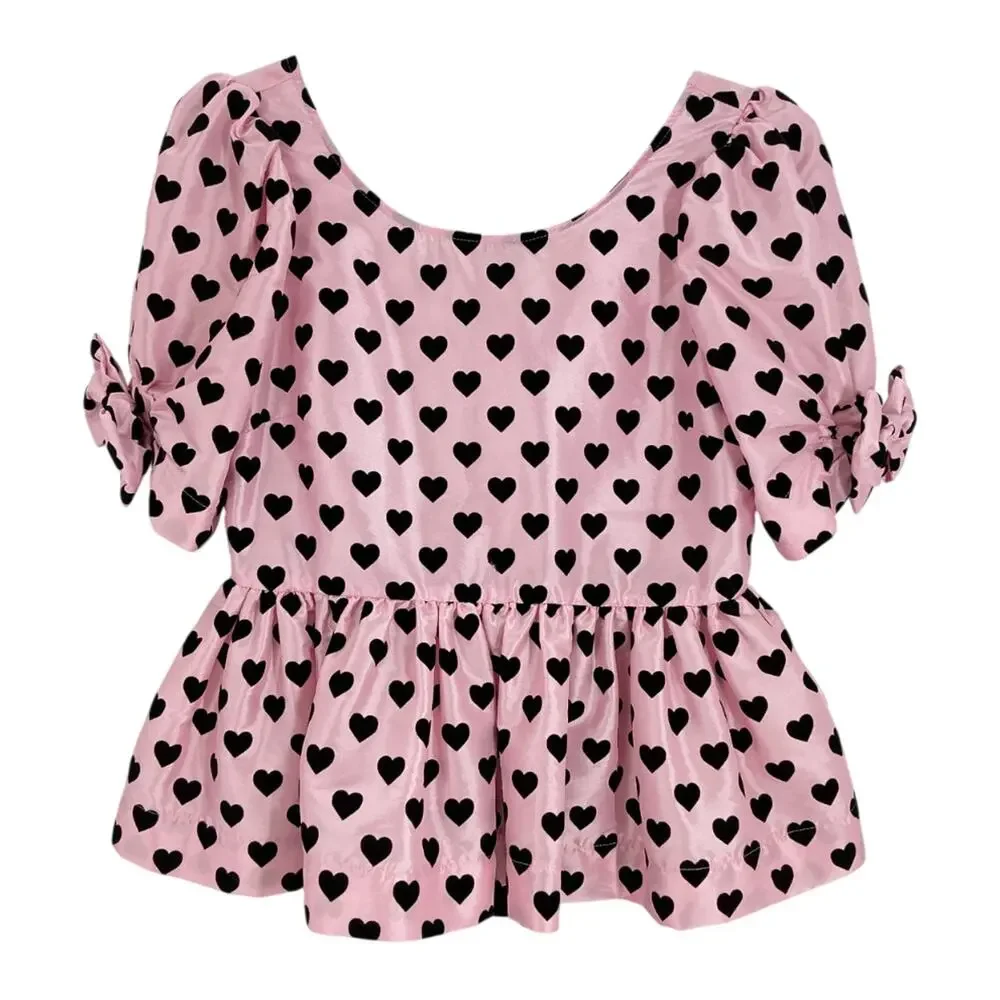 LoveShackFancy Playful Pink Heart Print Peplum Blouse Size 2